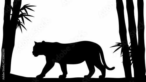 Dramatic tiger silhouette prowling through bamboo forest, a powerful jungle animal