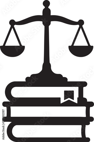 Silhouette legal scales with books icon representing justice, law, balance, knowledge and authority.