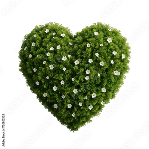 Heart shaped green bush with scattered white flowers on black background plant isolated on a transparent background