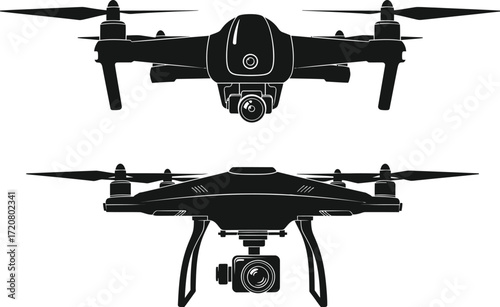 Sleek black drone with camera viewed from front and side