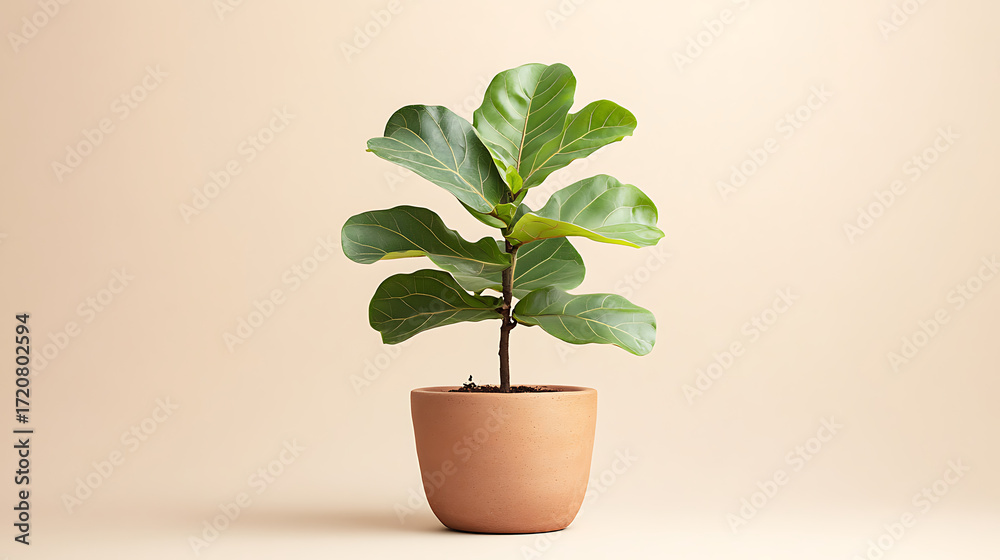 Obraz premium A single fiddle leaf fig plant in a terracotta pot against a soft neutral background