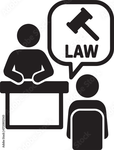 Silhouette law meeting icon representing legal discussion, attorney consultation, justice and authority.