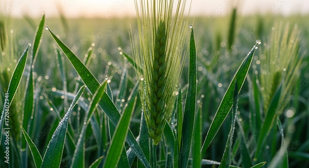 Obraz premium Experience the fresh morning dew glistening on vibrant green wheat stalks, a stunning landscape showcasing nature's beauty and agricultural growth