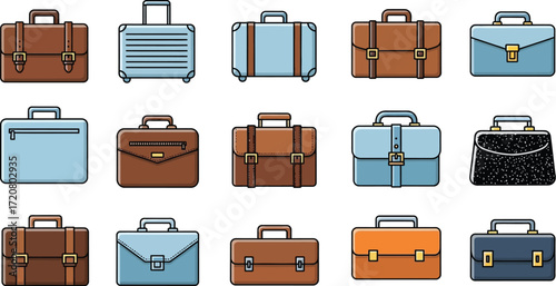 Collection of diverse briefcases and luggage, representing travel and business.