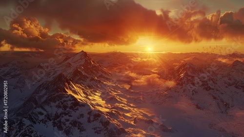 Dramatic sunset over snow-capped mountains