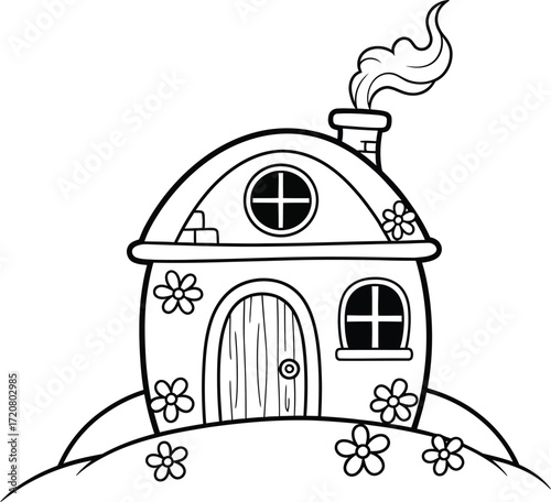 Whimsical storybook cottage with smoking chimney on a grassy hill