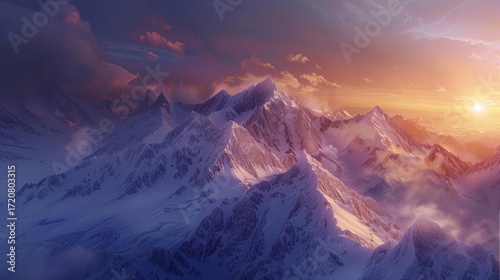 Stunning snow-capped peaks at sunset, majestic mountain vista