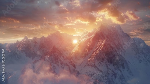Snowy mountain peaks bathed in golden sunrise light