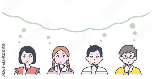小学生くらいの子どもたちが考えている様子のイラスト素材