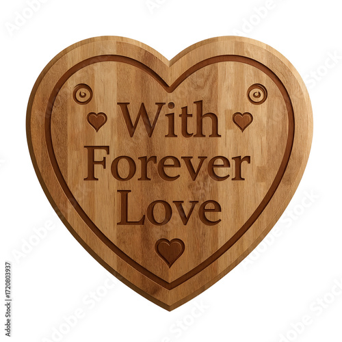 Heart shaped wooden plaque with carved border and text With Forever Love carving isolated on a transparent background
