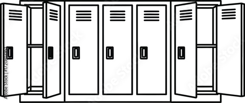 Row of empty lockers with some doors open, representing storage and school life.