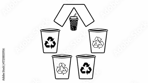 Recycling bins arranged around a cup with a straw under an arrow shape in black and white design created with generated ai 