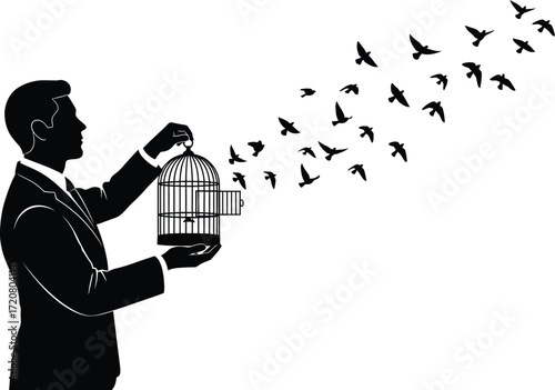 Man in suit releasing birds from an open cage into a bright sky, symbolizing freedom and new beginnings.