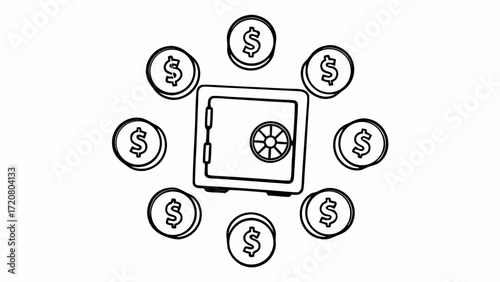 A safe surrounded by dollar coins in a circular pattern on a white background in a simple line drawing created with generated ai 