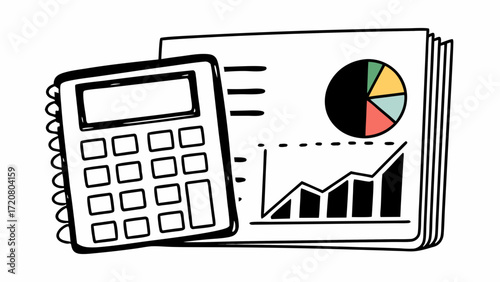 Illustration of a calculator next to charts and graphs on a stack of papers showing financial data created with generated ai 