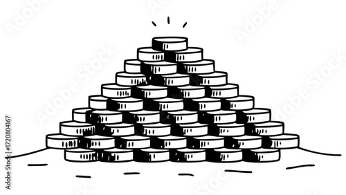 Illustration of a pyramid made of coins with a shining coin at the top in black and white style created with generated ai 