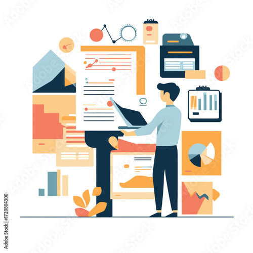 Businessman analyzing data charts and reports with laptop and infographics showing graphs and statistics in flat minimalist style vector illustration