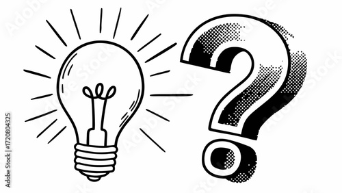 Illustration of a light bulb with rays and a question mark with a halftone pattern design element created with generated ai 