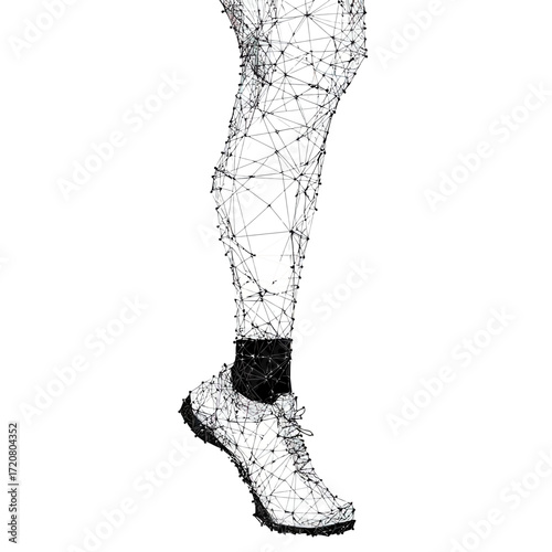 Low poly wireframe vector illustration of running leg with sneaker and black sock in polygonal connected lines and dots style on white background for sport and fitness concept design