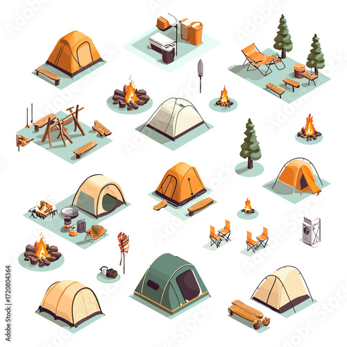 Isometric camping vector set with tents campfires outdoor gear folding chairs backpacks trees and cooking equipment isolated on white background