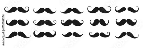 Set of 15 black classic mustache icons different styles silhouette vector illustration with curls and thick shapes on white background