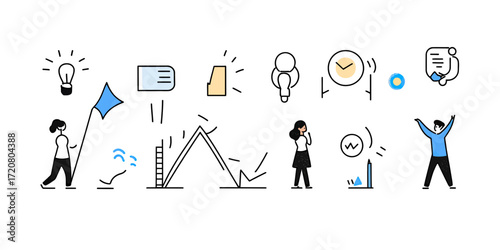 Hand drawn business success journey doodle with person overcoming challenges growing graph trophy idea concept in minimal style vector illustration