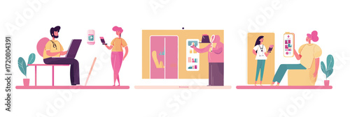 People Consulting Doctors Online Using Laptop and Smartphone for Telemedicine and Digital Pharmacy Services Flat Vector Illustration