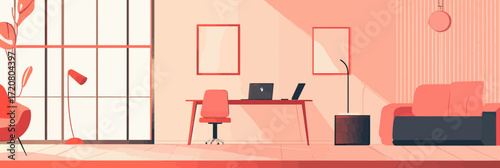 Minimalist modern home office interior with desk, laptop, swivel chair, floor lamp, large window, and sofa in warm pastel tones vector illustration