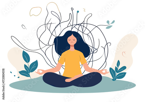 Calm woman meditating in lotus pose with closed eyes surrounded by chaotic lines and abstract plant elements for stress relief and mental clarity concept flat vector illustration