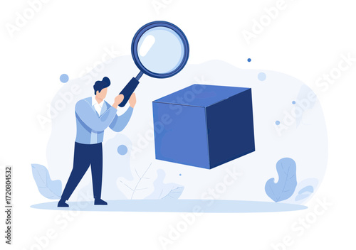 Businessman holding magnifying glass analyzing large blue floating cube in minimalist flat vector illustration for research and analysis concept