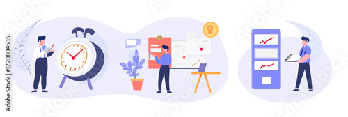 Business people managing time and tasks with clock, calendar, charts, and digital devices in minimalist flat vector illustration style for productivity and planning concept