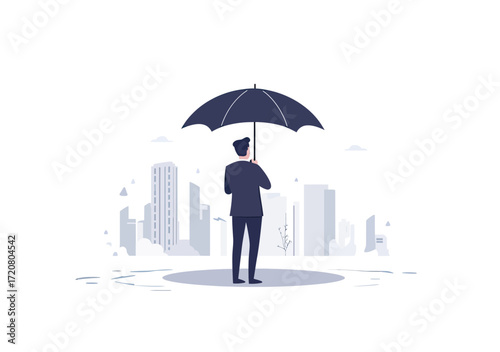 Businessman standing with umbrella protecting from virus particles cityscape background health safety concept flat vector illustration