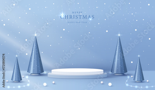 Podium shape for show cosmetic product display for christmas day or new years. Stand product showcase on red background with lighting christmas. vector design.