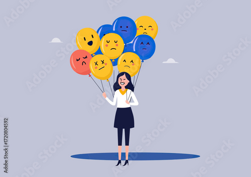 Businesswoman holding colorful balloons with various emotional faces representing mood and feelings expression concept in flat vector style