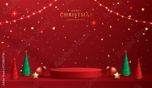 Podium shape for show cosmetic product display for christmas day or new years. Stand product showcase on red background with lighting christmas. vector design.
