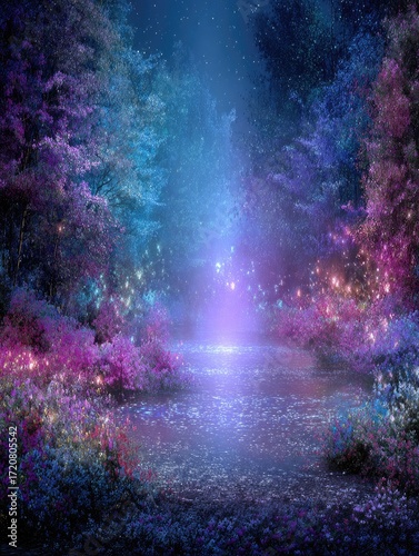 Mystical forest path at night, vibrant colors
