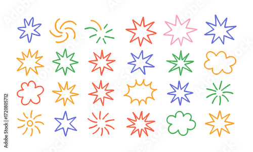 Colorful Starburst and Splash Line Shapes Minimal Outline Vector illustration Set, easily editable and scalable.	