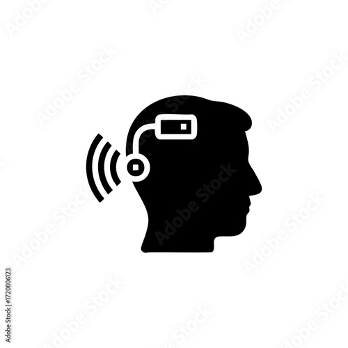 icon of human head with hearing waves and cochlear implant