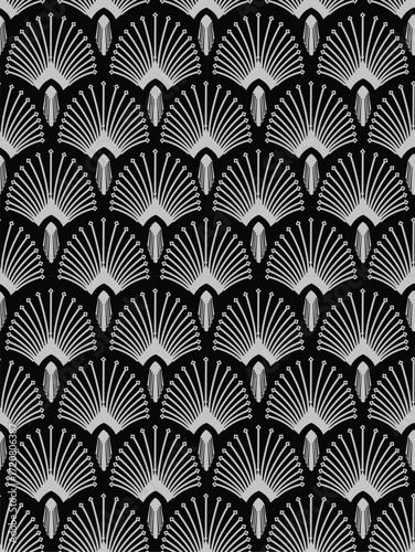 "Striking Art Deco seamless pattern. Geometric fan motif in elegant monochrome, capturing the essence of 1920s glamour and sophisticated design trends. Ideal for backgrounds, textiles, and upscale bra