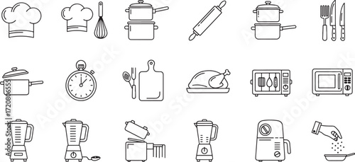 Illustration of collection of kitchen utensil and appliance icons isolated on white background