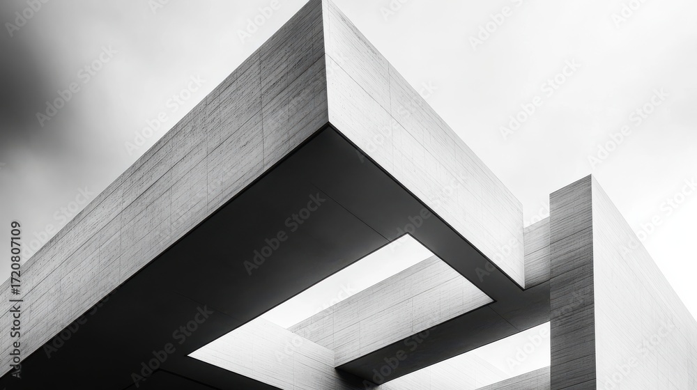 Fototapeta premium Modern architectural design showcases geometric shapes against a dramatic cloudy sky