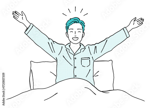 朝ベッドから気持ちよく目覚めるパジャマを着た笑顔の若い男性のおしゃれな線画ベクターイラストセット / 睡眠 / ラインアート