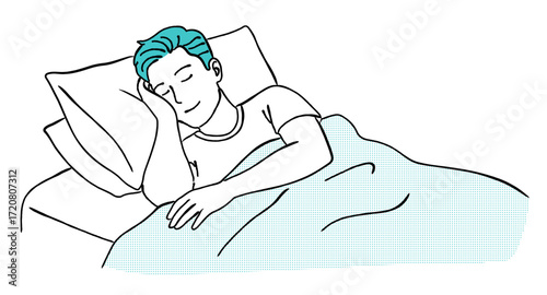 夜ベッドで気持ちよく眠るパジャマを着た笑顔の若い男性のおしゃれな線画ベクターイラストセット / 睡眠 / ラインアート