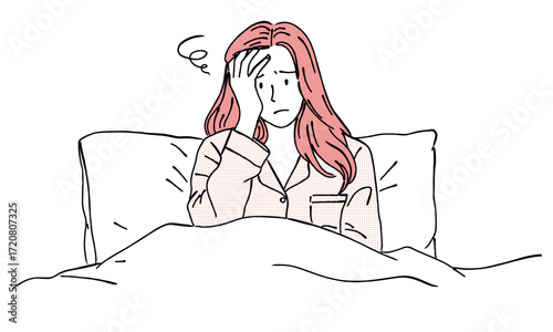 不眠症で眠れない頭を抱えているパジャマを着た笑顔の若い女性のおしゃれな線画ベクターイラストセット / 睡眠 / ラインアート