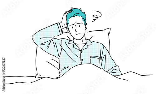 不眠症で眠れない頭を抱えているパジャマを着た笑顔の若い男性のおしゃれな線画ベクターイラストセット / 睡眠 / ラインアート