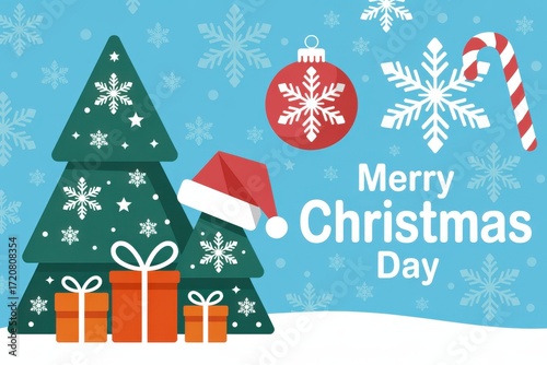 Merry Christmas day. A tree with a hat on it and a red ball. A candy cane is also shown