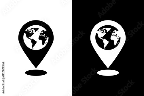 World Map Pin Icon on Black and White Background.