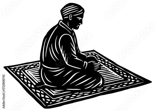 Man Sitting on Prayer Mat Silhouette, Islamic Worship Religion SVG, PNG