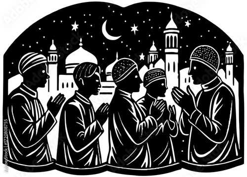 Group Taraweeh Prayer Silhouette, Islamic Worship Religion SVG, PNG