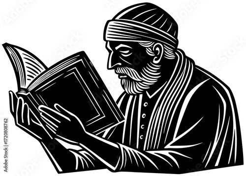 Old Man Reading Quran Silhouette, Islamic Worship Religion SVG, PNG